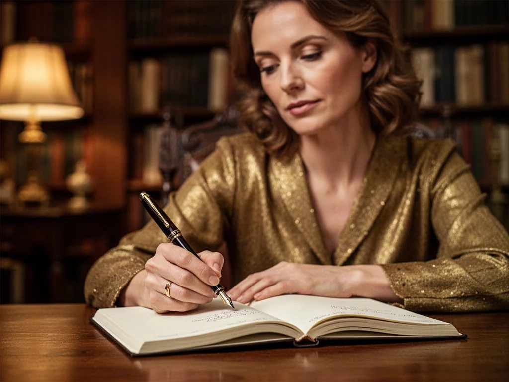 Kobieta zamyślona nad notatnikiem z piórem w dłoni, w otoczeniu biblioteki, ilustrująca proces pisania i dbałość o poprawność językową.