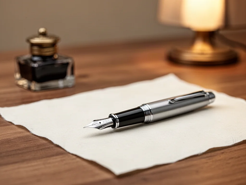 Eleganckie pióro wieczne na arkuszu papieru, symbolizujące staranność w pisaniu i dbałość o poprawność językową.