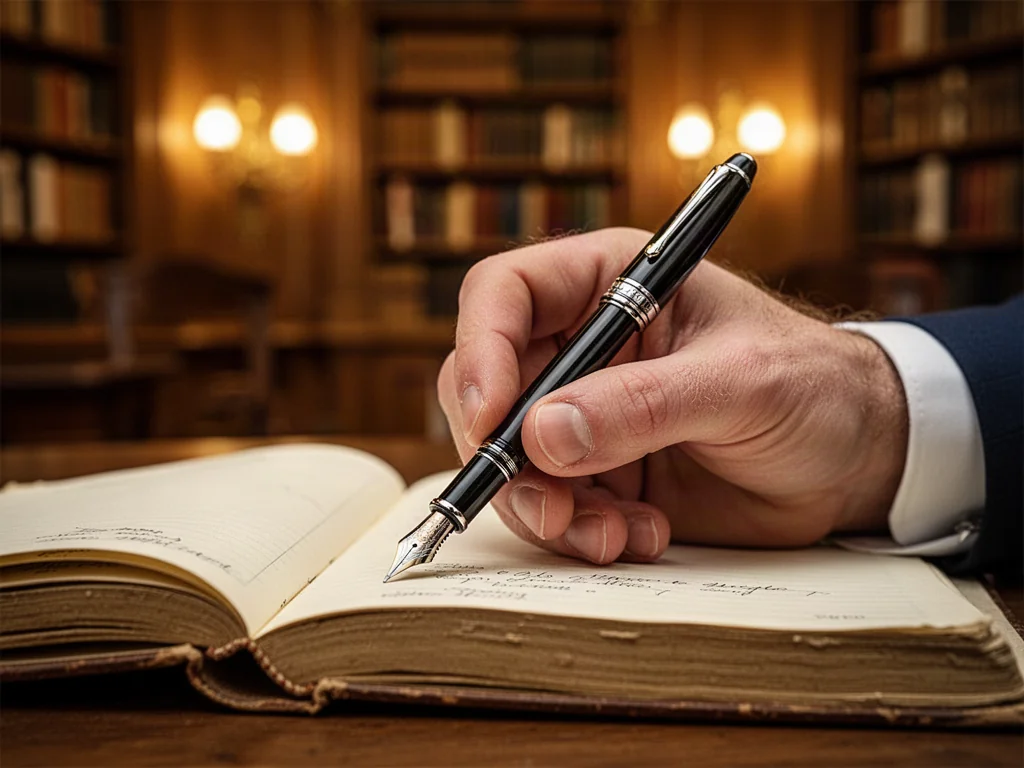 Dłoń trzymająca pióro nad otwartym notatnikiem w bibliotece, podkreślająca wagę starannego pisania i dbałości o język.