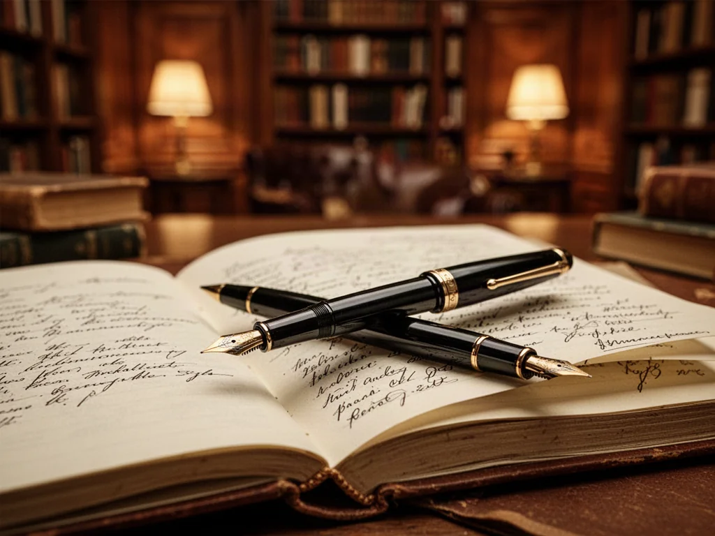 Eleganckie pióro wieczne leżące na otwartym notatniku z odręcznymi zapiskami w przytulnym wnętrzu biblioteki.
