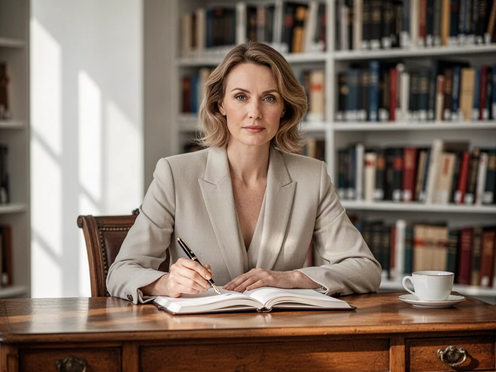 Elegancka kobieta siedząca przy drewnianym biurku w bibliotece, trzymająca pióro i zamyślona nad otwartym notatnikiem.