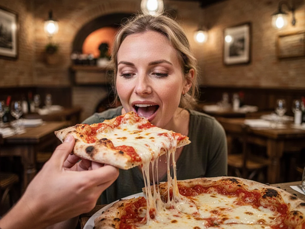 Kobieta jedząca kawałek pizzy w przytulnej restauracji, ilustrująca temat poprawnej pisowni słowa „pizzeria”.