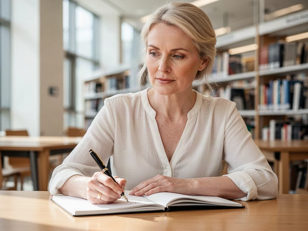 Kobieta pisząca w notatniku przy drewnianym biurku w nowoczesnej bibliotece, skupiona na pracy z tekstem.